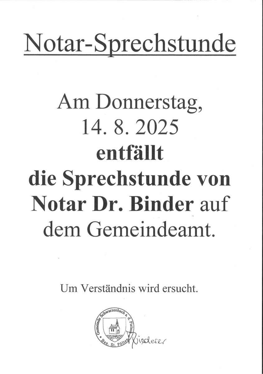 Text mit Entfall der Notarsprechstunde am 14.8.2025.