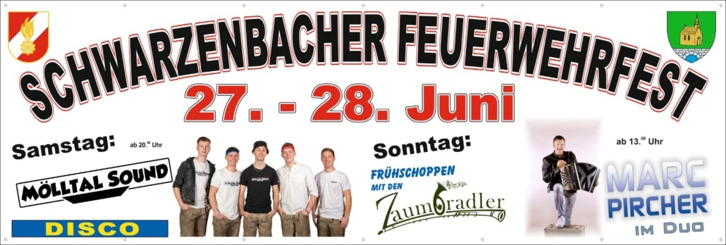 Banner des Schwarzenbacher Feuerwehrfestes 27. und 28. Juni 2026 mit Bewerbung der Musikalischen Umrahmung