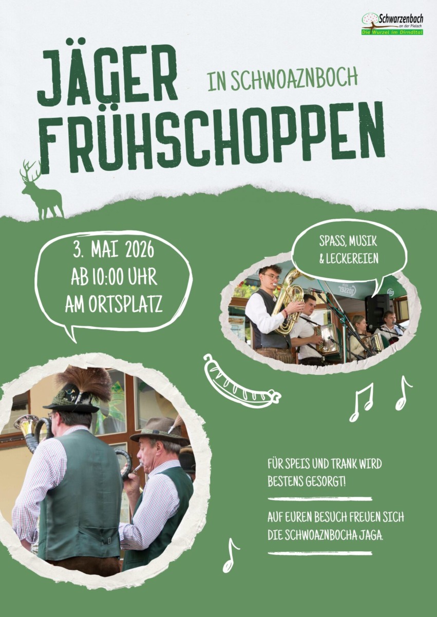 Plakat Jägerfrühschoppen zwei Jagdhornbläser und Musikanten sowie Informationen zur Veranstaltung