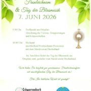 Einladung zur Fronleichnamsfeier mit anschließendem Tag der Blasmusik am 7. Juni 2026 um 10 Uhr in der Pfarrkirche anschließend am Ortsplatz