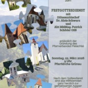 Einladung mit 5 abgebildeten Pfarrkirchen des neu gegründeten Pfarrverbandes Pielachtal für den Festgottesdienst am 22. März 2026 um 9 Uhr in der Pfarrkirche Grünau