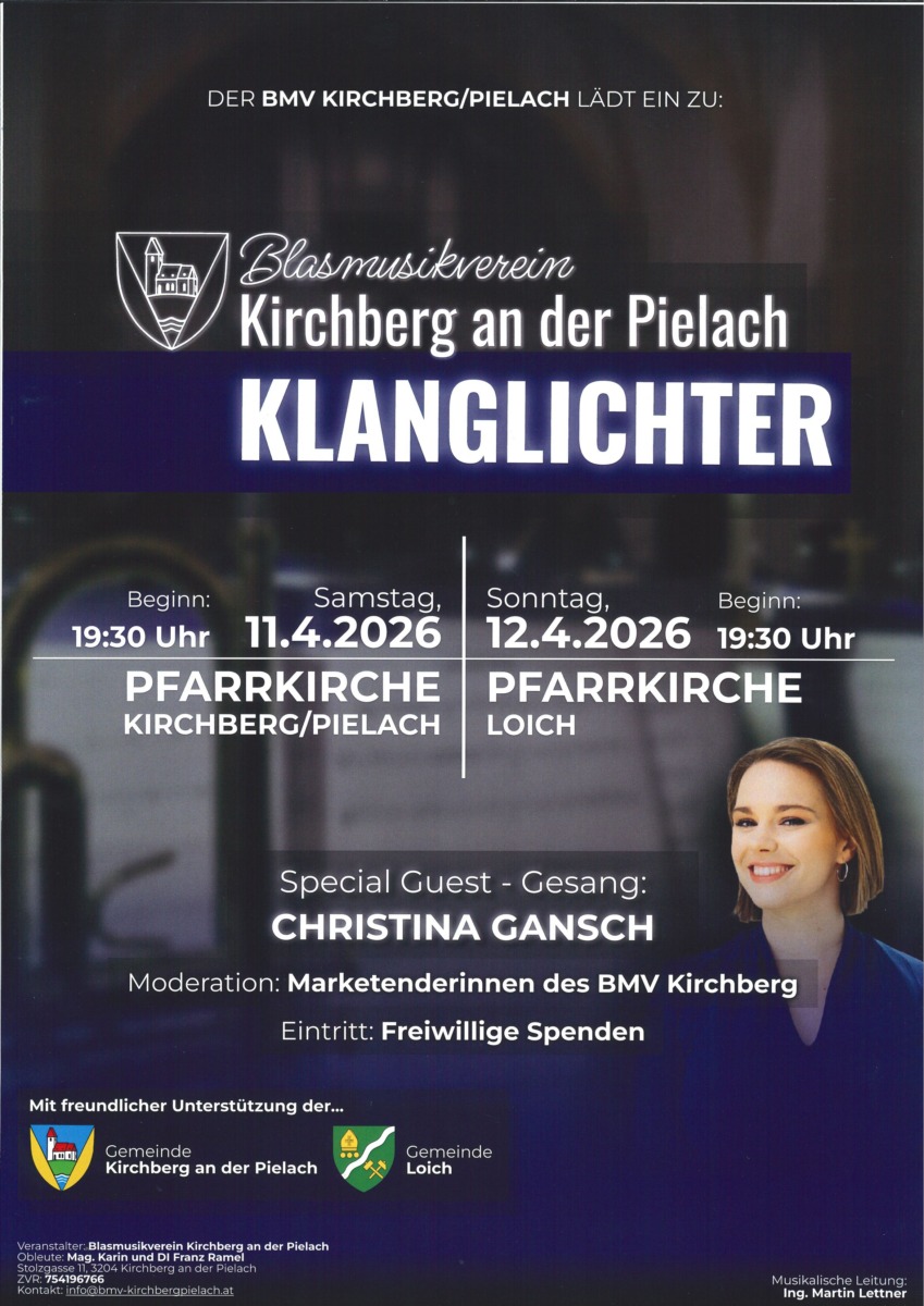 Plakat Blasmusikverein Kirchberg Klanglichter Wappen Kirchberg und Loich Special Guest Christina Gansch