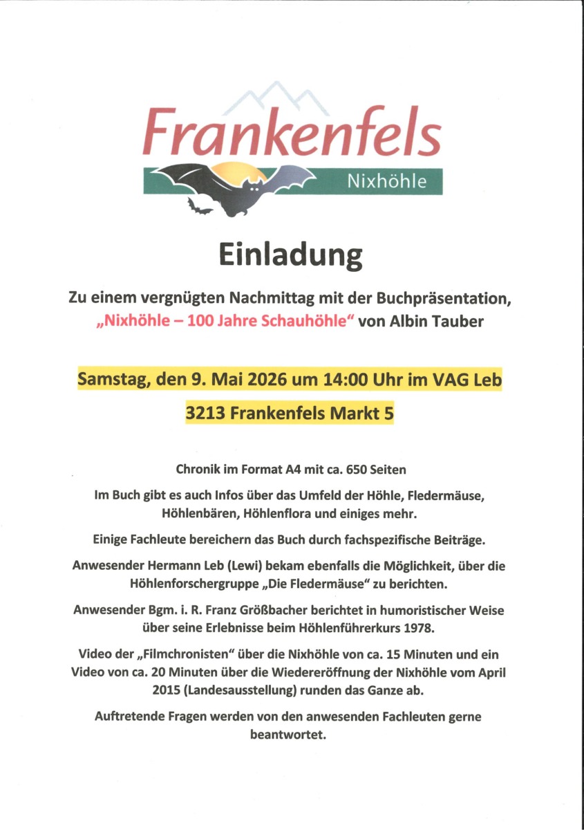 Nixhöhle 100 Jahre Schauhöhle Einladung 9. Mai 2026 3213 Frankenfels