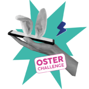 Logo Osterchallenge Smartphone mit Ohren liegt in offener Hand