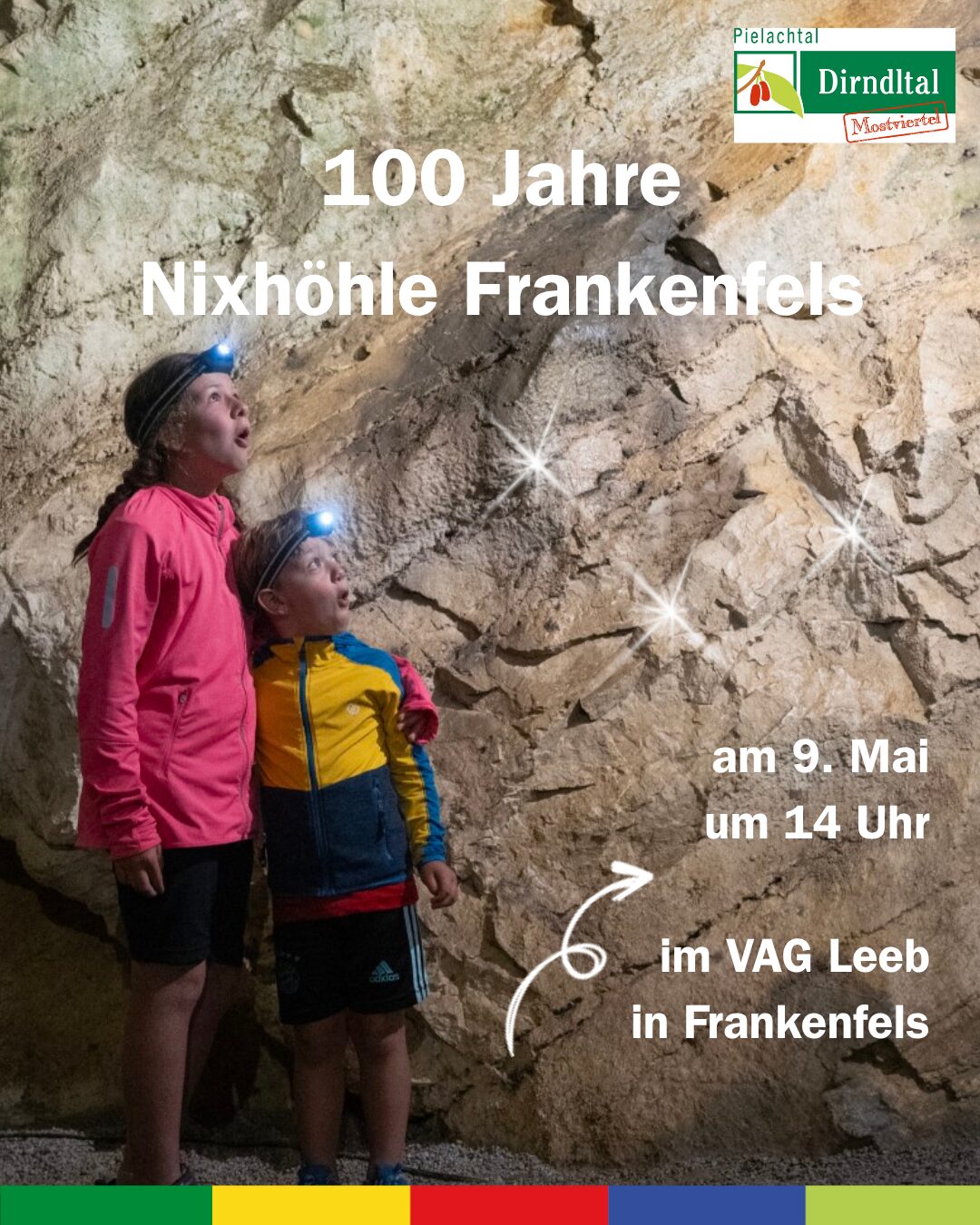 Plakat 100 Jahre Nixhöhle Frankenfels zwei Kinder stehen staunend mit Stirnlampen in der Höhle