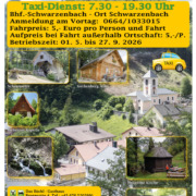 Plakat Taxi Dienst Gemeinde Schwarzenbach an der Pielach Start 1. Mai 2026 bis 27. September 2026