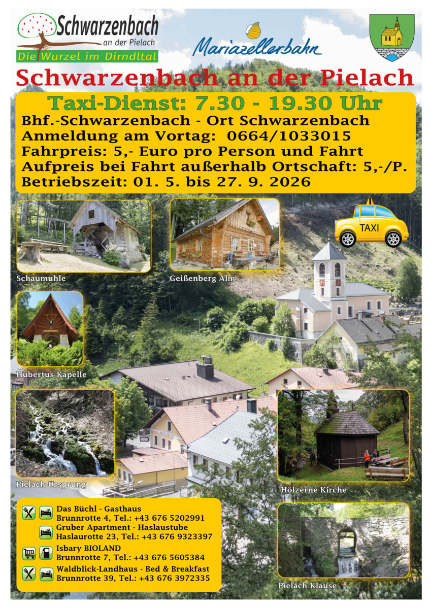 Plakat Taxi Dienst Gemeinde Schwarzenbach an der Pielach Start 1. Mai 2026 bis 27. September 2026