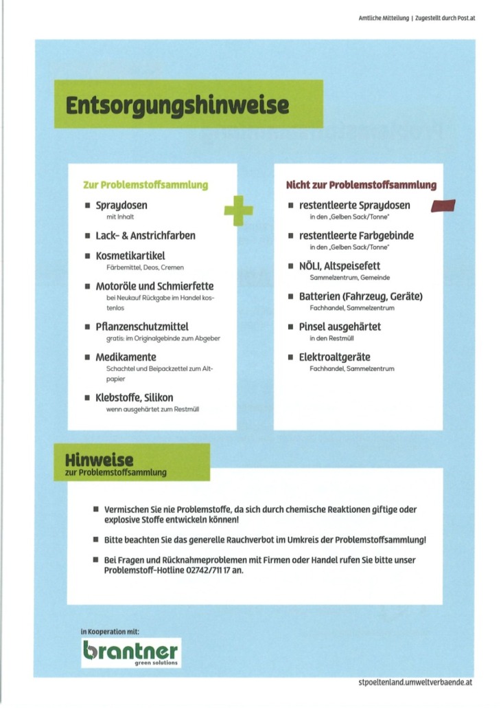 Problemstoffsammlung 15. April 2026 9 - 12 Uhr in Schwarzenbach Entsorgungshinweise