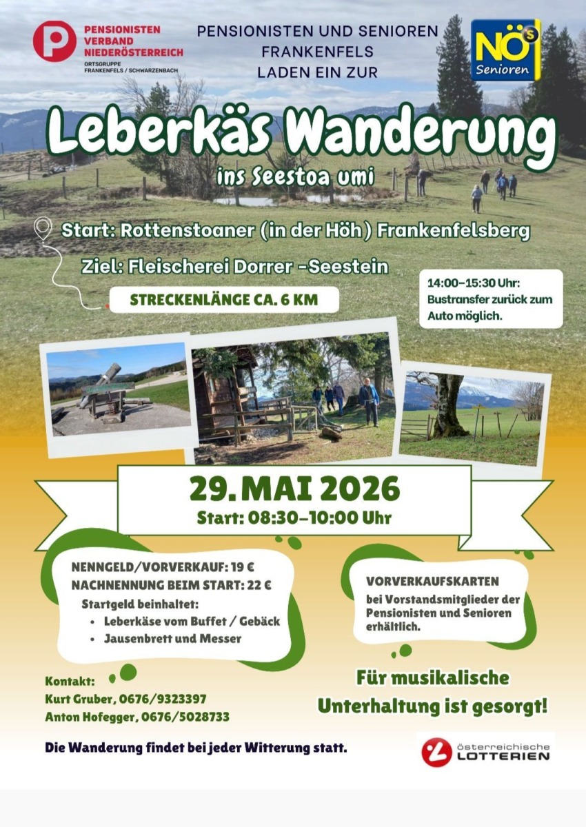 Einladung mit der Beschreibung der Route und den Anmeldeinformationen für die Leberkäs Wanderung am 29.5.2026 in Frankenfels