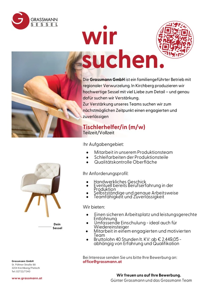 Stellenausschreibung Grassmann Sessel Tischlereihelfer/in Teilzeit Vollzeit
