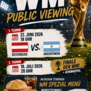 Plakat mit WM Pokal und 2 Terminen für Public Viewing