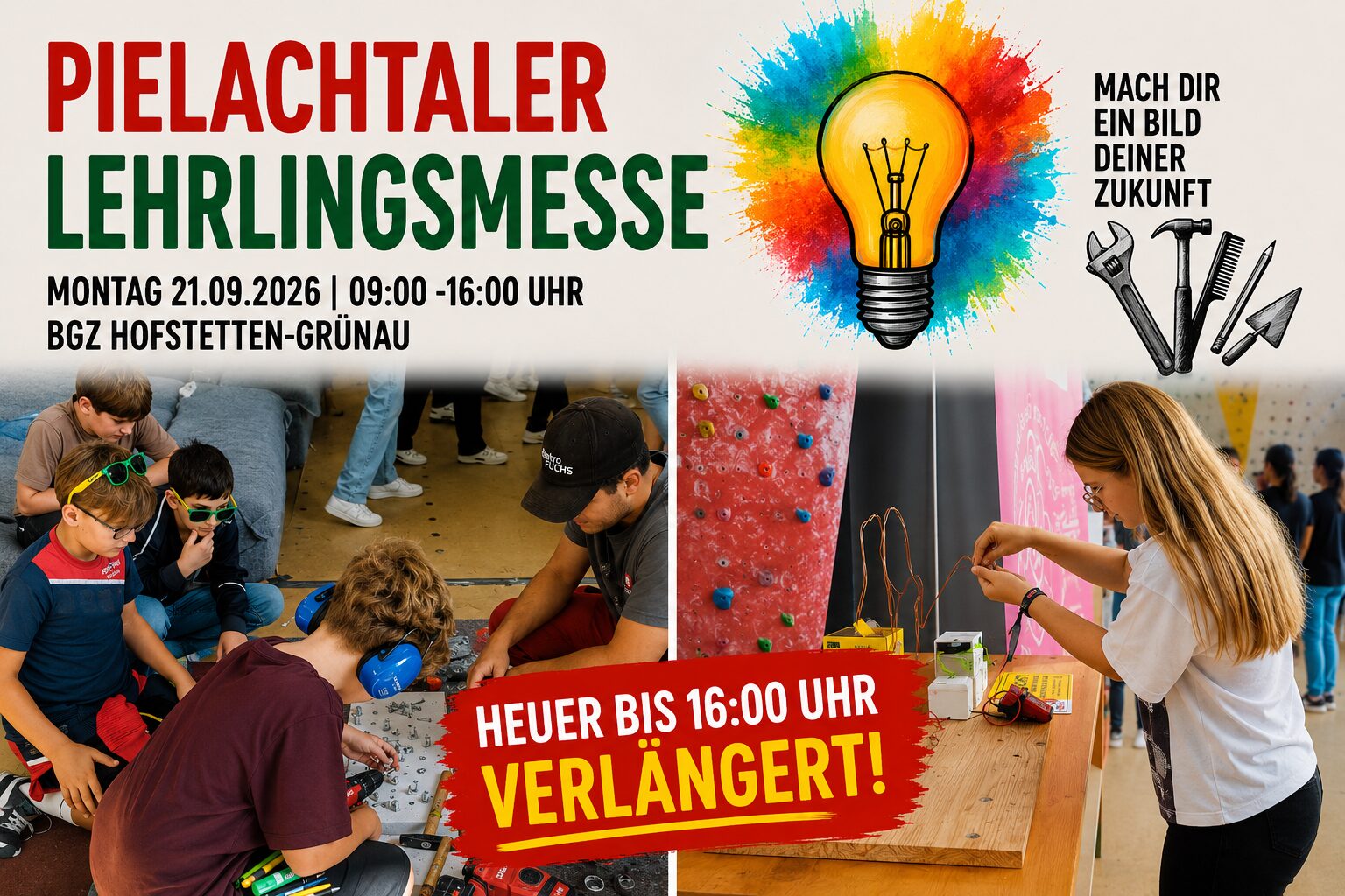 Plakat mit der Veranstaltungsbewerbung der Pielachtaler Lehrlingsmesse. Es sind Jugendliche Abgebildet, die verschiedene Lehrberufe entdecken. Termin: Mo 21.9.2026, 9- 16 Uhr im BGZ Hofstetten Grünau