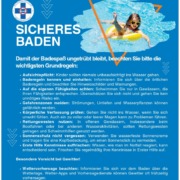 Zivilschutztipp Sicheres Baden, Mädchen mit gelber Sonnenbrille badet mit Schwimmreifen. Grundregeln am Bild aufgelistet