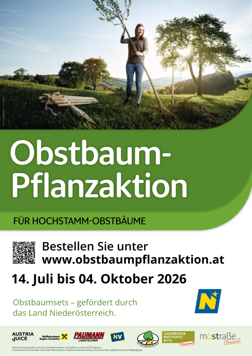 Plakat mit der Bewerbung zur Obstbaum Pflanzaktion. Bestellen unter www.obstbaumpflanzaktion.at noch bis 4. 10. 2026