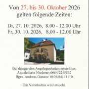 geänderter Parteienverkehr von 27.-30.10.2026. Geöffnet am 27.10. und 30.10. jeweils von 8-12 Uhr