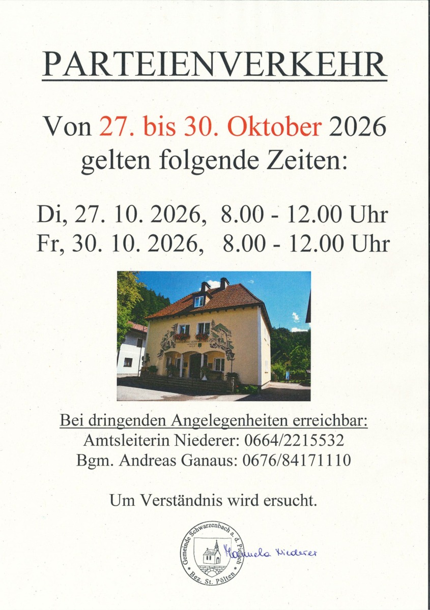 geänderter Parteienverkehr von 27.-30.10.2026. Geöffnet am 27.10. und 30.10. jeweils von 8-12 Uhr