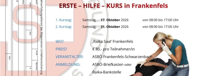 Aufruf zum Erste Hilfe Kurs in Frankenfels - 16 Stunden, Termine 17.10.0+ 31.10.