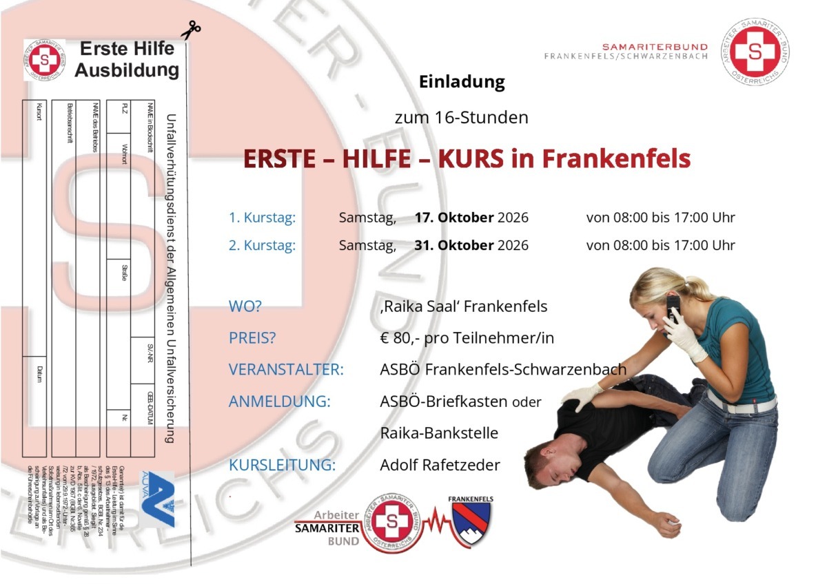 Aufruf zum Erste Hilfe Kurs in Frankenfels - 16 Stunden, Termine 17.10.0+ 31.10.