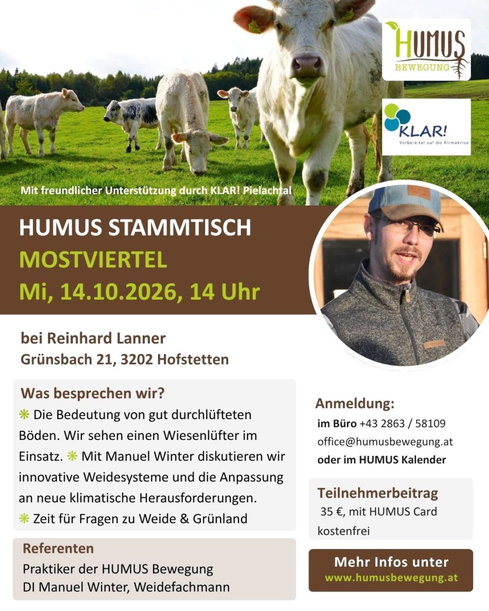 Einladung zum HUMUS Stammtisch - Flyer 14.10.2026 in Hofstetten Grünau 