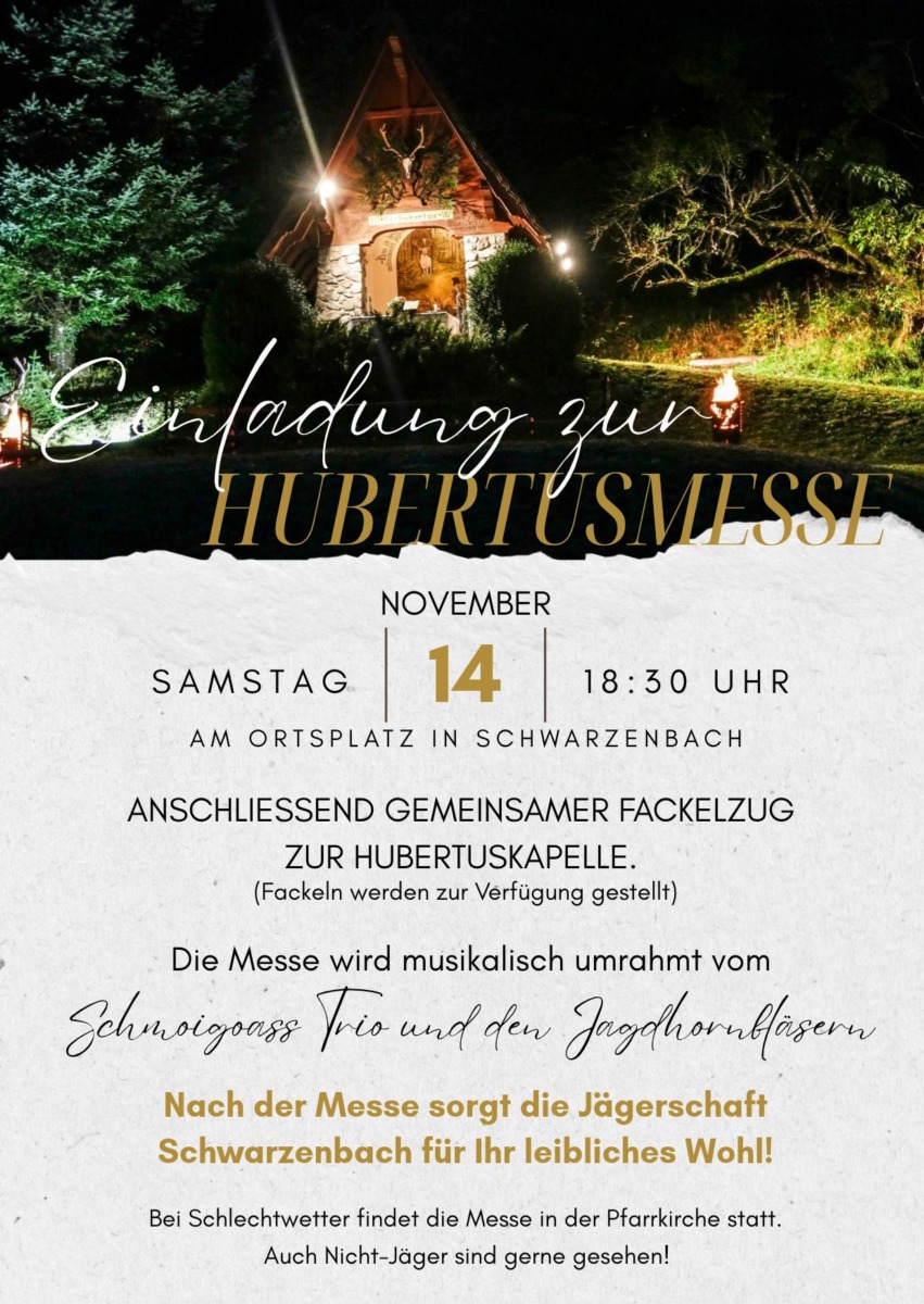 Einladung zur Hubertusmesse am 14.11.2026, 18.30 Uhr beim VAZ Schwarzenbach.